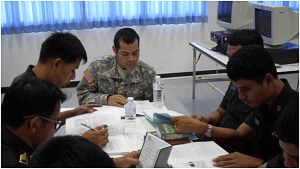 Cadet Edward Rauch, a junior from The University of Scranton teaches Thai Army Aviation non-commissioned officers correct English pronunciation and vocabulary as a part of the U.S. Army ROTC Cultural Language and Understanding program this summer of 2013. 