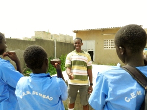 At a nearby school in Mbao, Senegal, Cadet Sheldon Holmes of Michigan State University teaches his group of students how to play Simon Says. In doing so, he helped the students practice and improve their listening and comprehension skills as well as expand their vocabulary